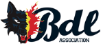 Une tête de loup noir jaune et rouge sur fond des mots "Bdl associations"