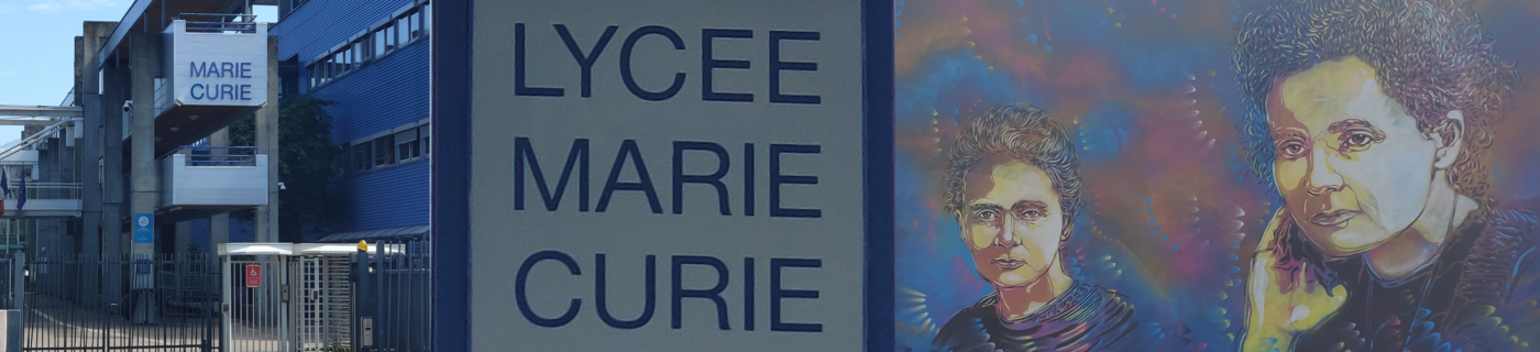 Une série d'images montrant le lycée et la fresque représentant Marie Curie